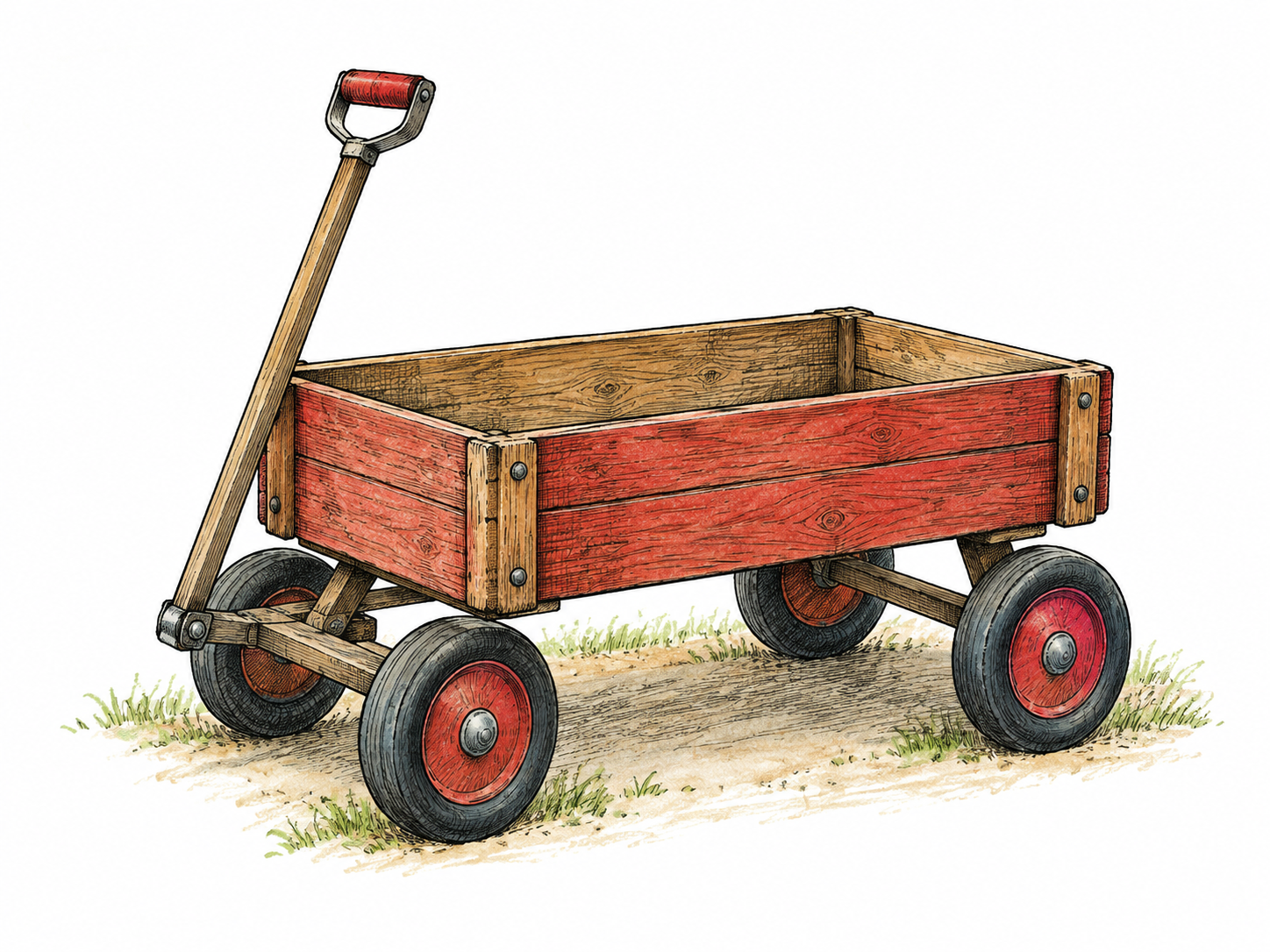 A completed wooden toy wagon stands with all four wheels, handle and intact box fitted, orderly solid object with no missing parts or loose components.