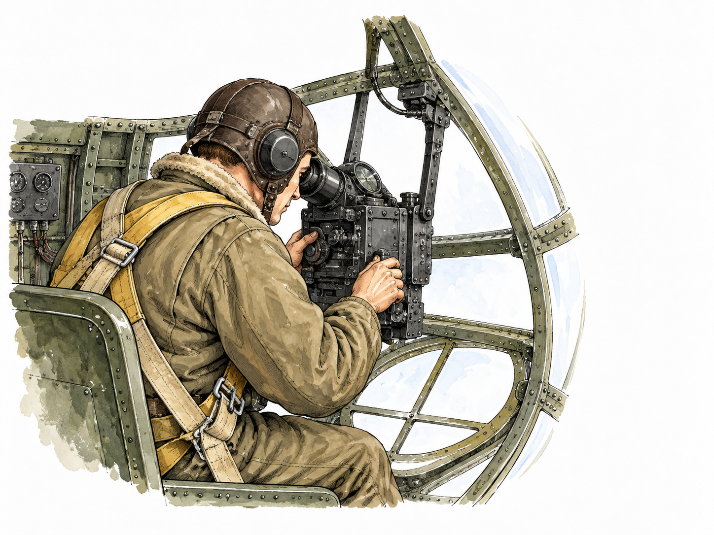 A historical aircraft bombardier sits at his crew station, respectful museum-style wartime role scene, no targets or operational detail.