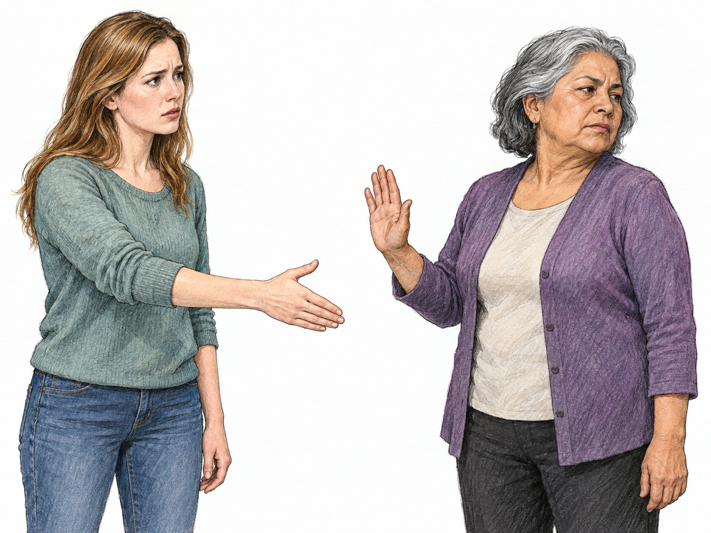 An older woman coldly refuses a younger woman's offered handshake, raising a firm blocking palm and turning her face away while the younger woman's extended hand hangs unanswered.