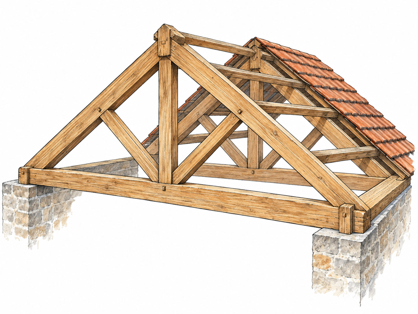 An exposed timber roof truss spans two wall tops, its joined triangular members visibly carrying a partially covered pitched roof.