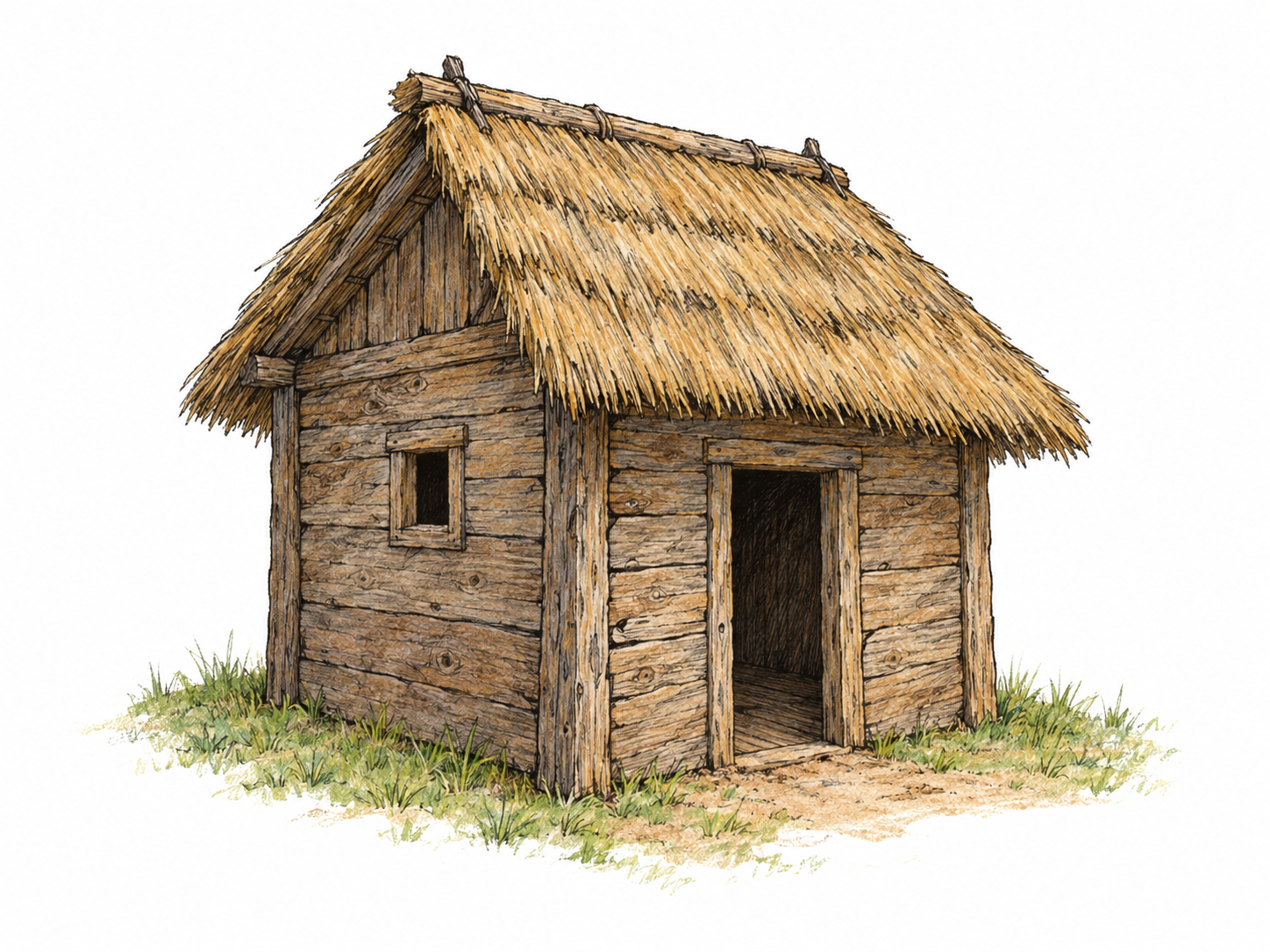 A single tiny, roughly built wooden hut with a simple pitched thatch roof, one low doorway, and one small window, isolated on a modest patch of ground.