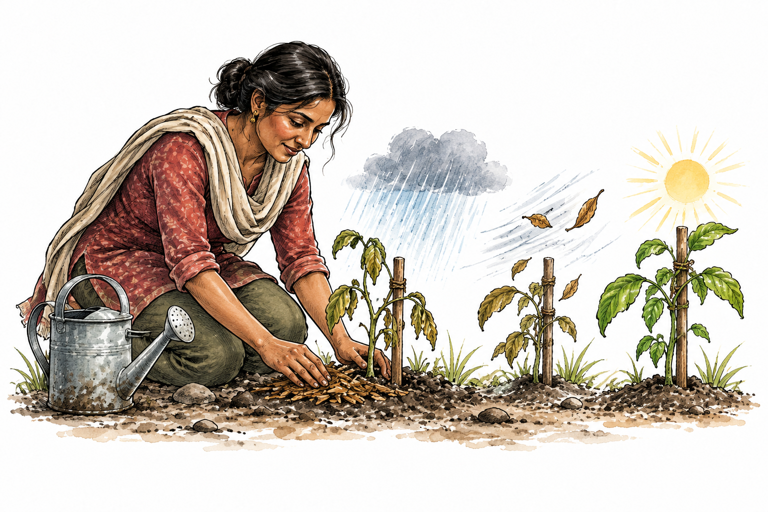 A South Asian gardener continues patiently tending a recovering plant through repeated effort.