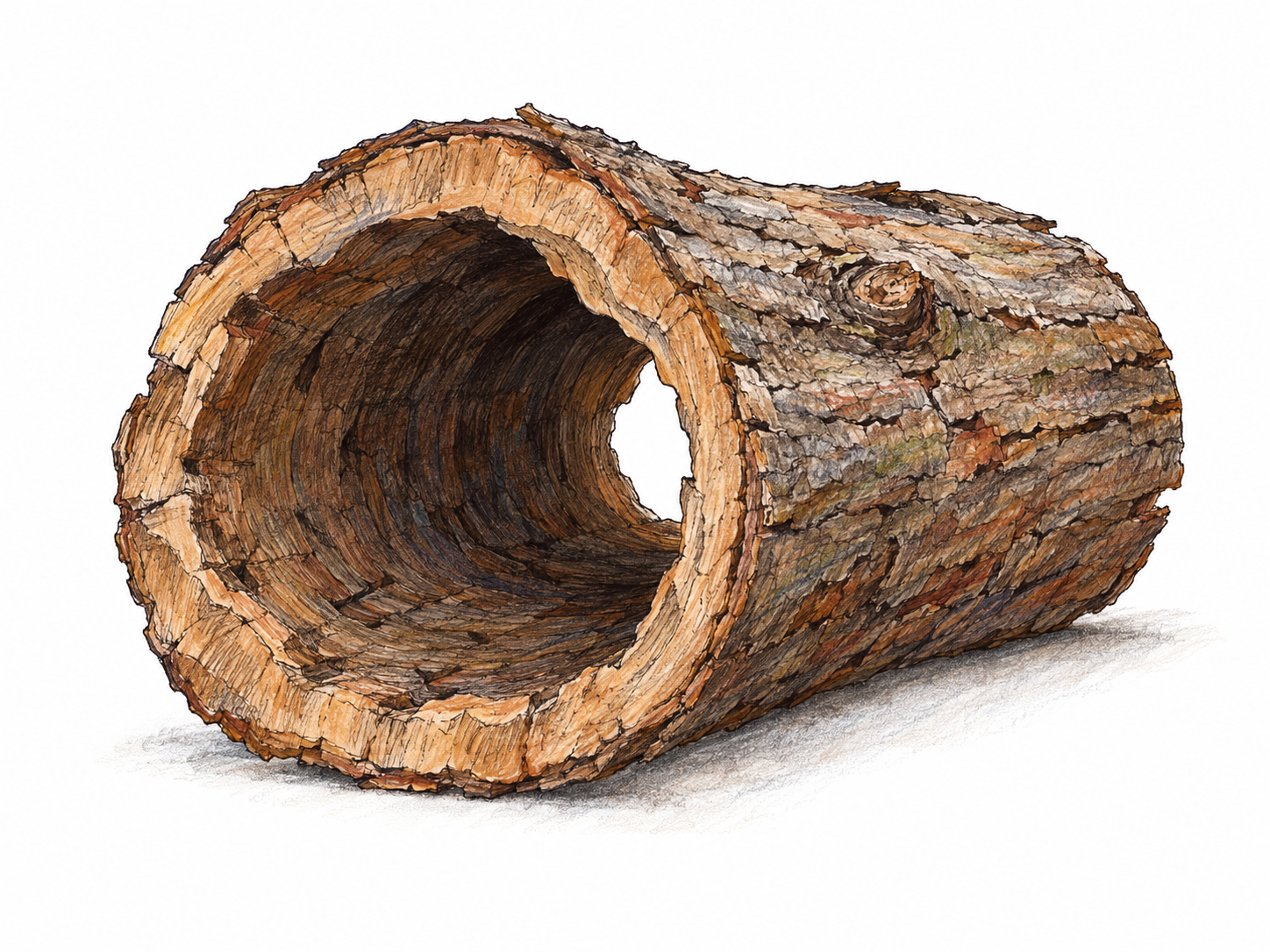 A short hollow log viewed at an angle, with a broad open end clearly revealing an empty cavity inside its thick wooden wall.