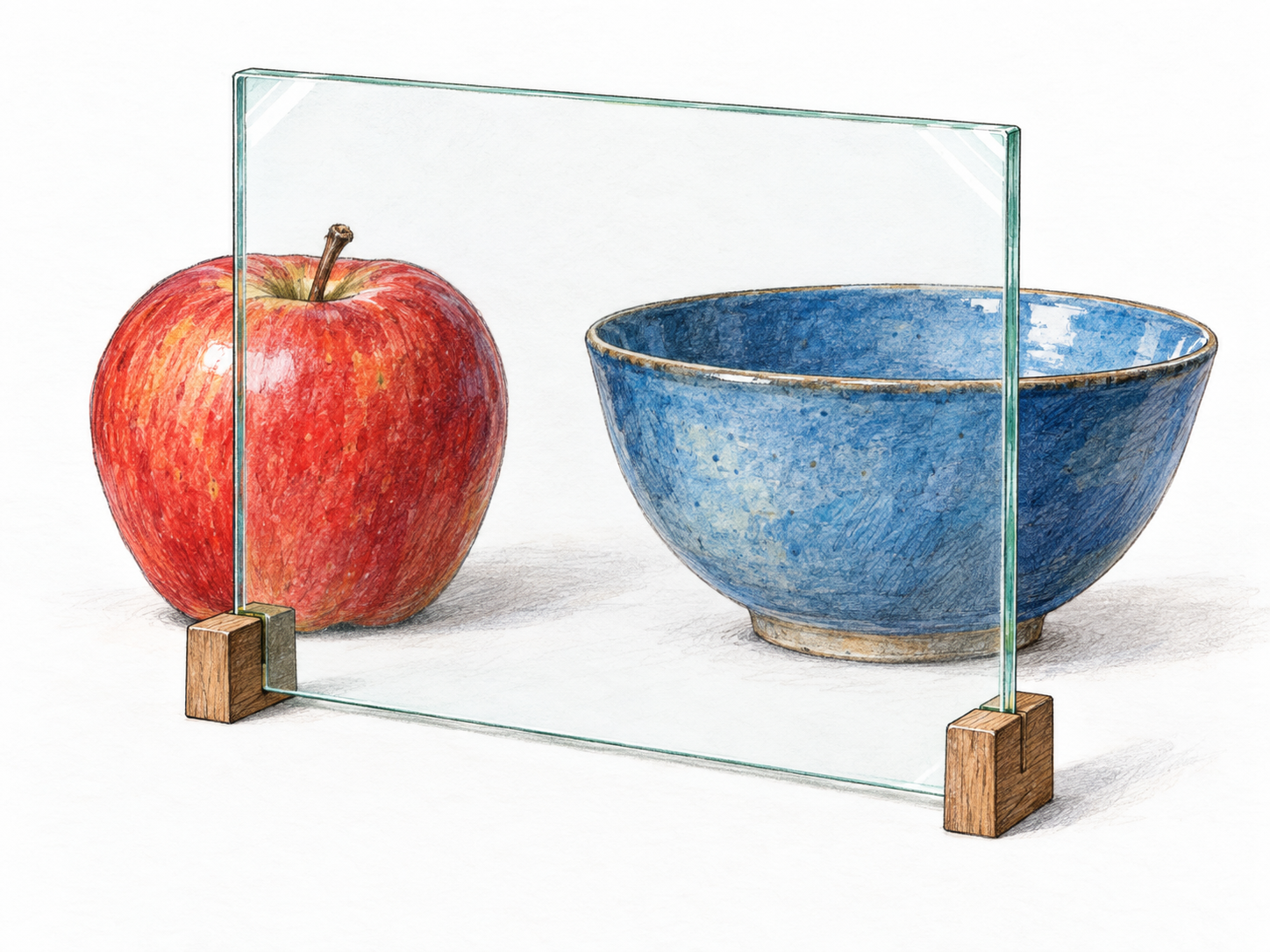 A clear upright glass pane overlaps a red apple and a blue ceramic bowl behind it.