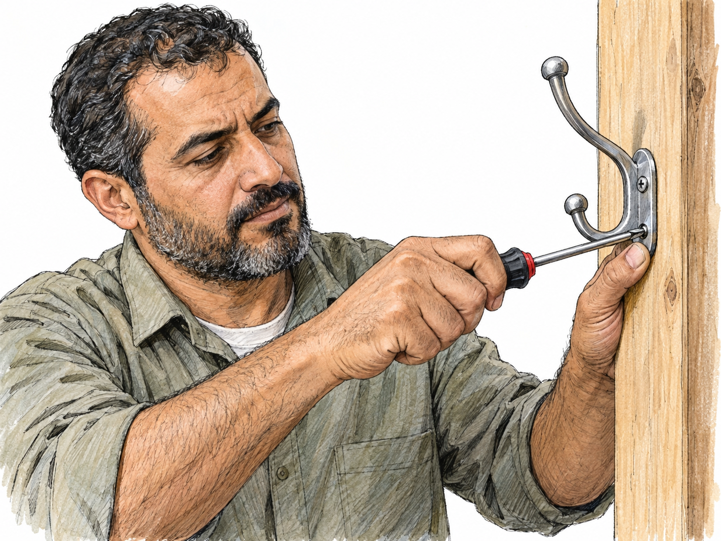 A man firmly attaches a metal coat hook to a wooden board, tightening its final mounting screw while the other screw already holds the mounting plate flush.