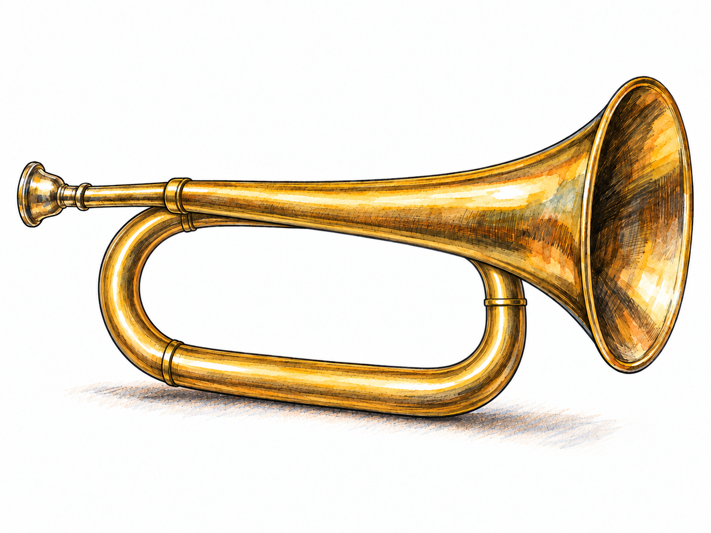An isolated brass military bugle, shown in three-quarter side view so its mouthpiece, looped tubing, flared bell, and complete absence of valves are immediately visible.