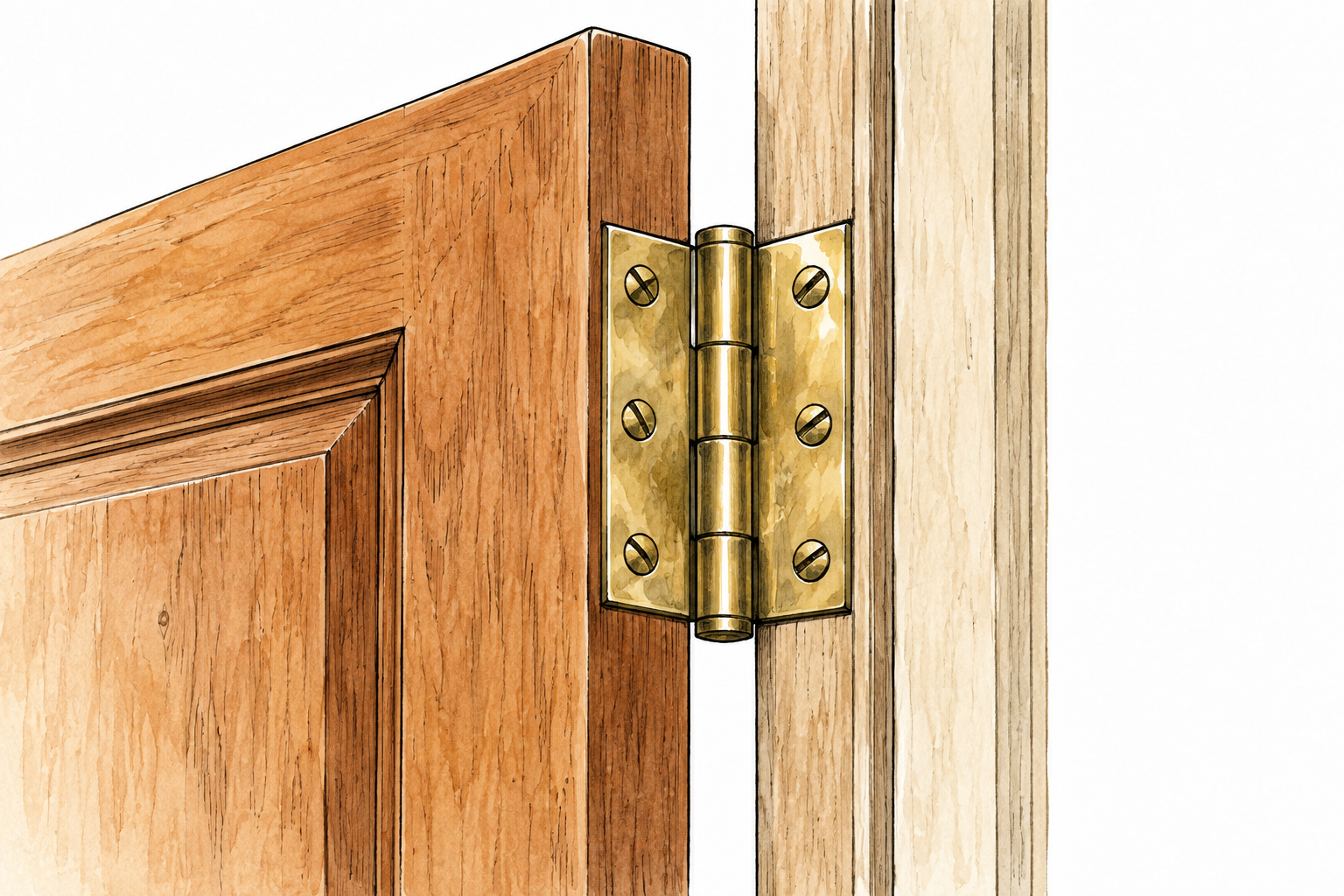 Close-up realistic brass hinge joining open wooden door to frame, two leaves and central pin clearly visible, no text.