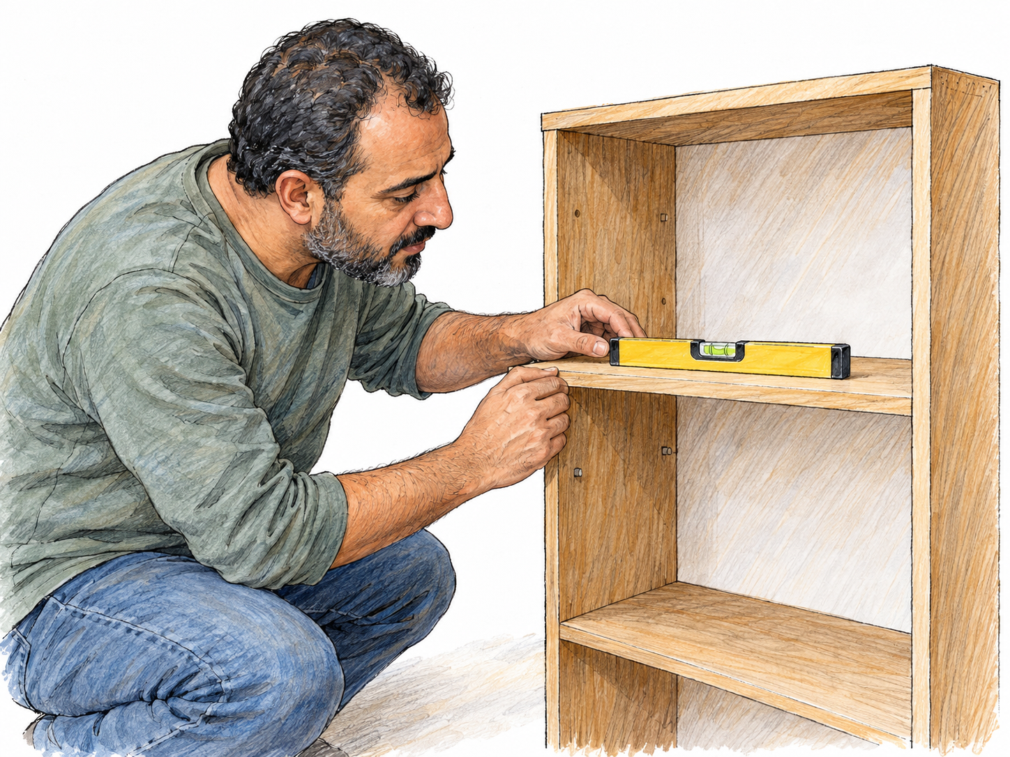 A man correctly fits a wooden shelf into a simple bookcase, checking that it is level with a bubble level whose bubble sits precisely between the two center marks.