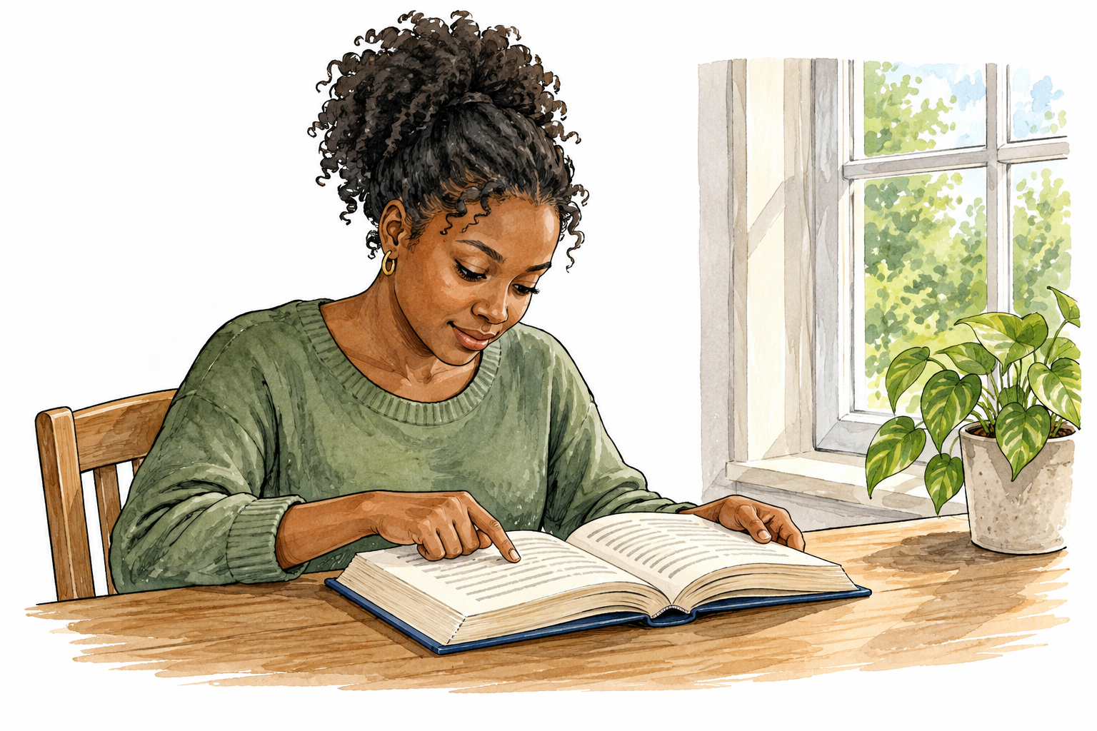 Black woman follows lines of print in an open book by window.