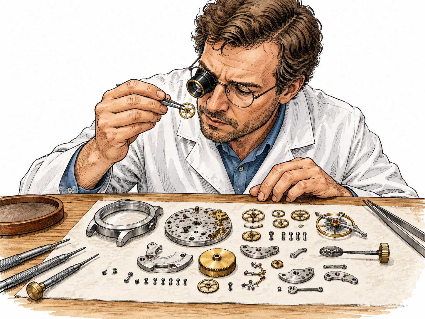 Scientist examines a mechanical watch separated into carefully arranged components.