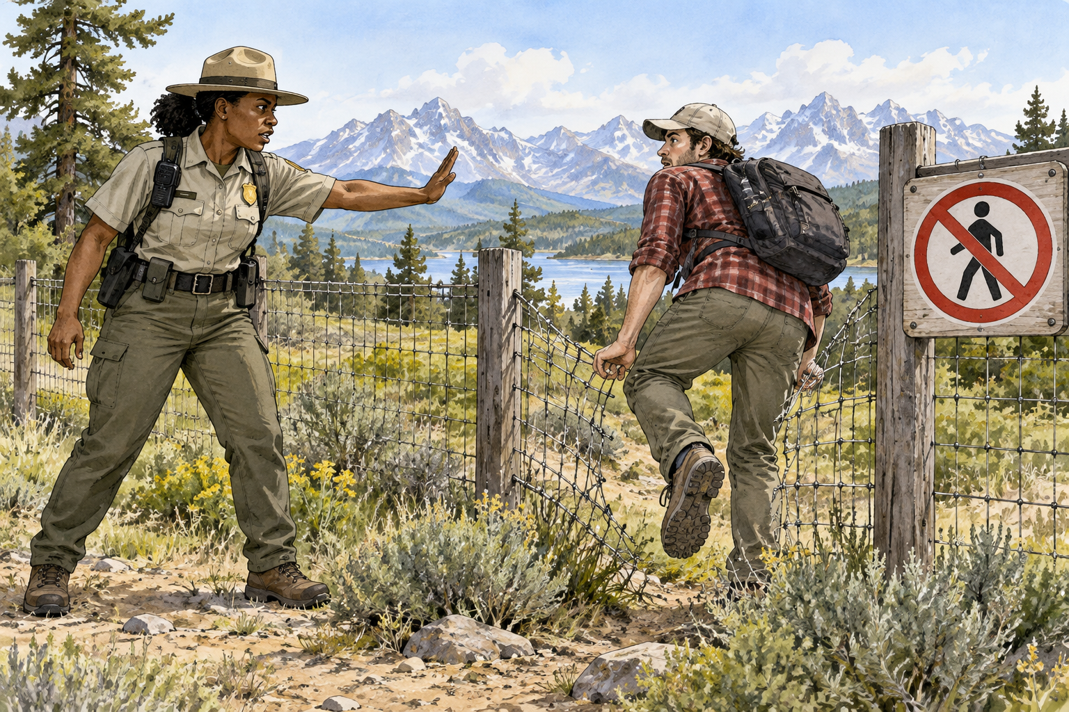 A person attempts to enter a fenced protected area through a cut fence while a park ranger stops the intruder, small indispensable prohibition pictogram only, no words.