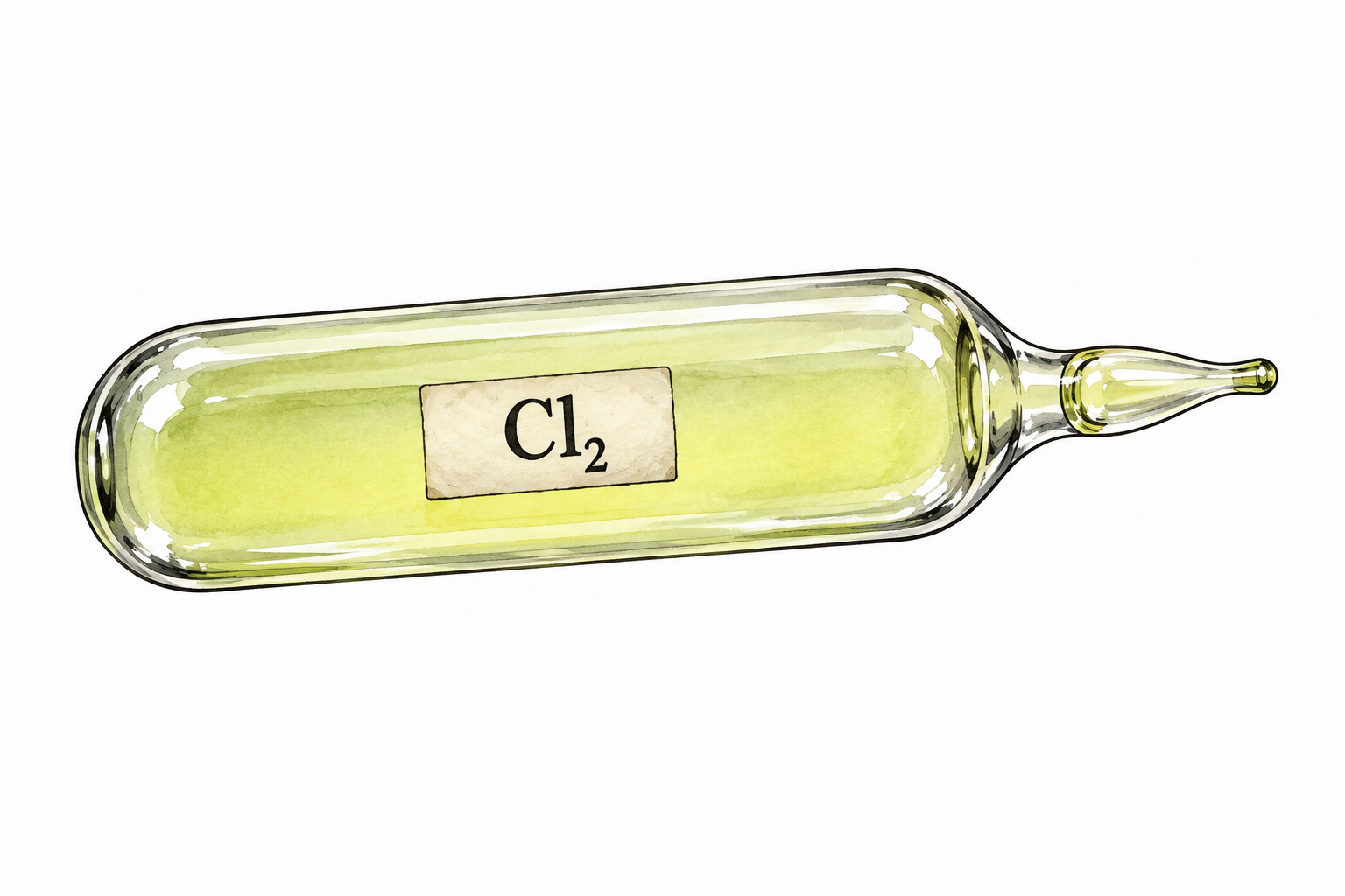A sealed glass laboratory ampoule holding pale greenish-yellow chlorine gas, small label 'Cl₂', no exposure or handling.