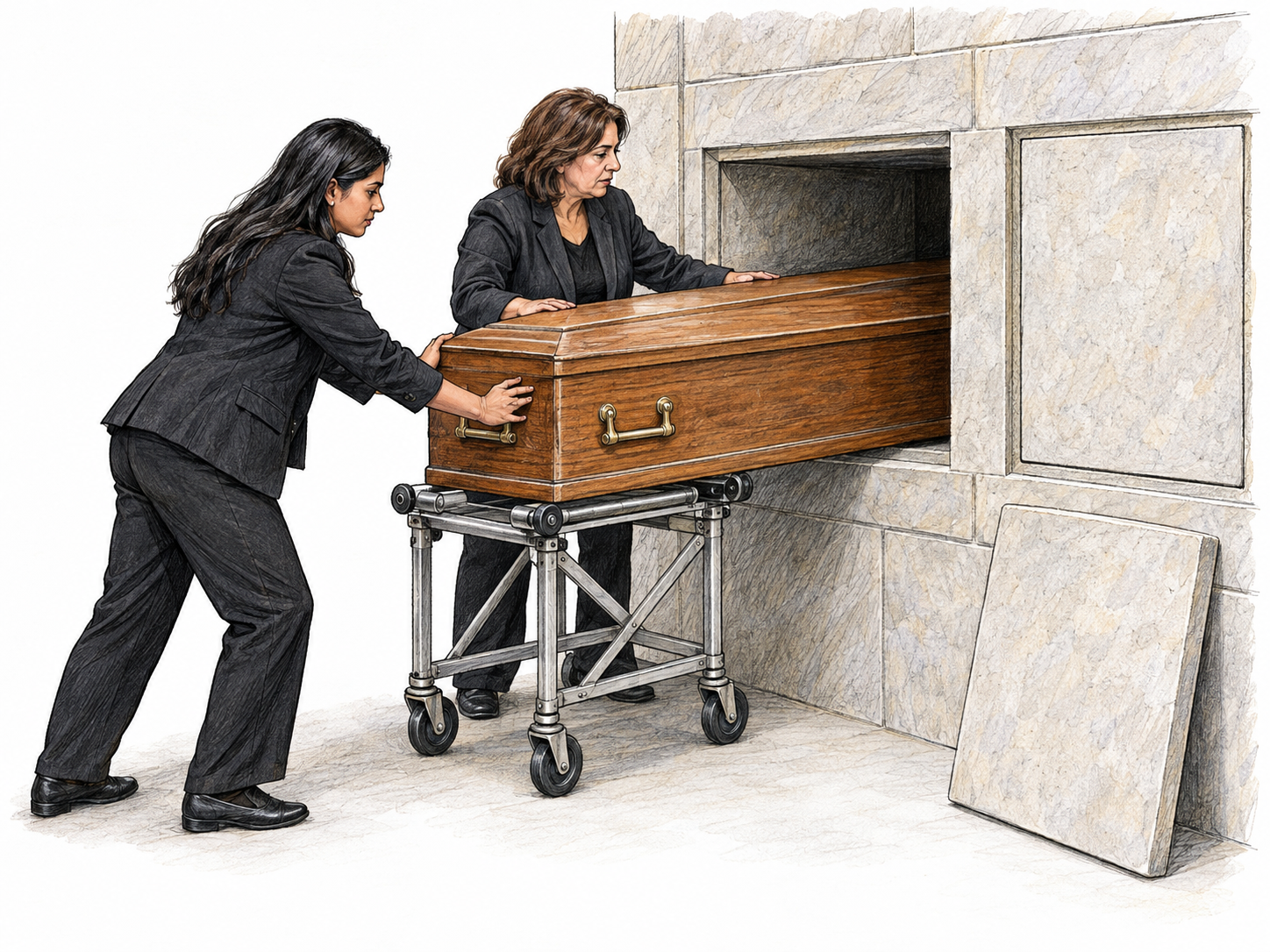 Two funeral workers slide a closed coffin from a wheeled bier into a stone burial niche, showing the literal act of placing someone in a tomb.