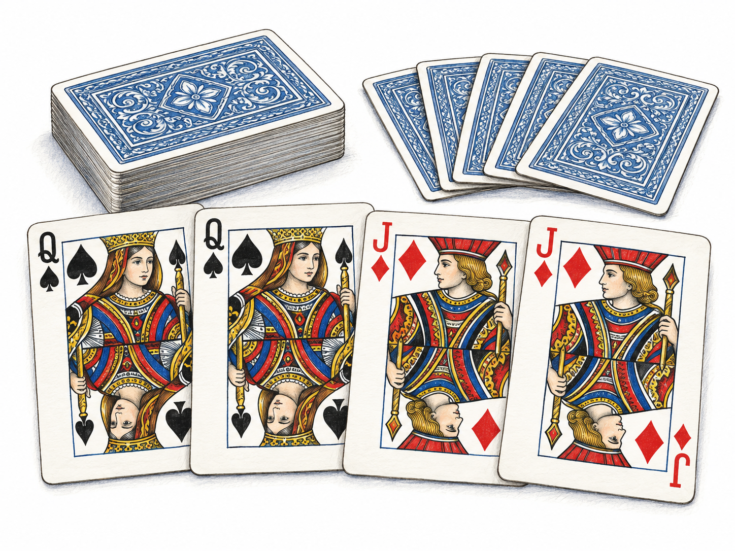 A close tabletop view of a pinochle game setup, emphasizing its distinctive double-pinochle meld: two queens of spades and two jacks of diamonds laid face up beside the remaining matching-backed cards.