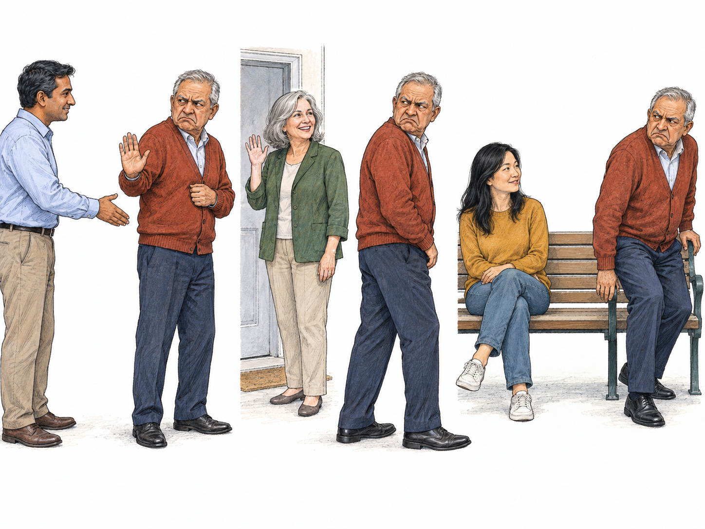 A compact three-vignette portrait of the same man responding with contempt to several unrelated, harmless social encounters, making his aversion to people—not merely one rejected handshake—the recurring subject.