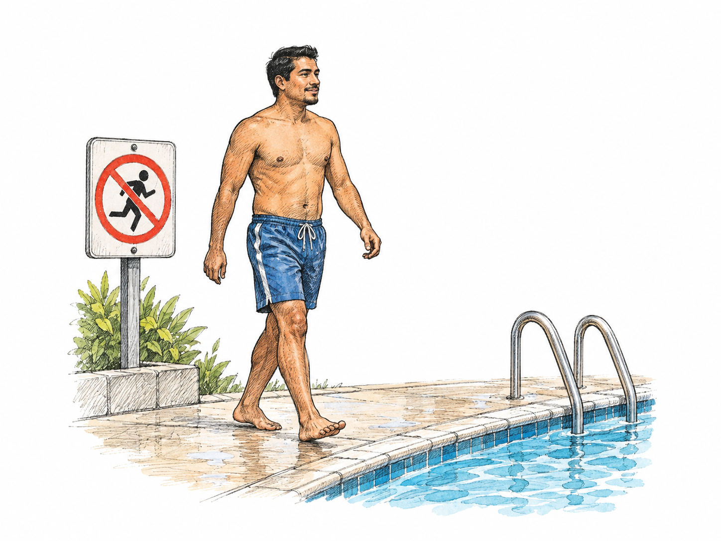 Pool safety rule shown by a small official sign with a clear crossed-out running-person pictogram beside a person deliberately walking on deck, no words.
