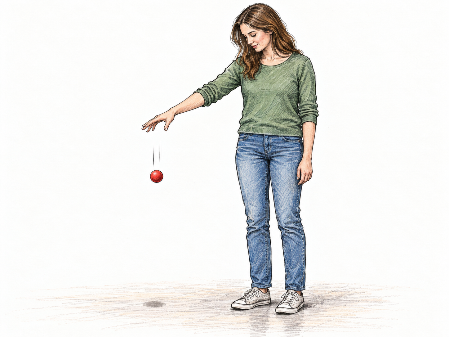 A woman releases a ball from her open hand, with the ball visibly falling straight down toward the floor.
