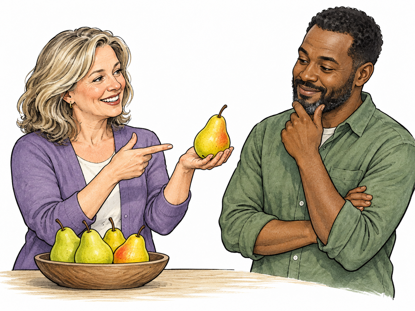 An adult offers one selected ripe pear from a group to a friend with approving gesture, recommendation as suggestion of good choice.