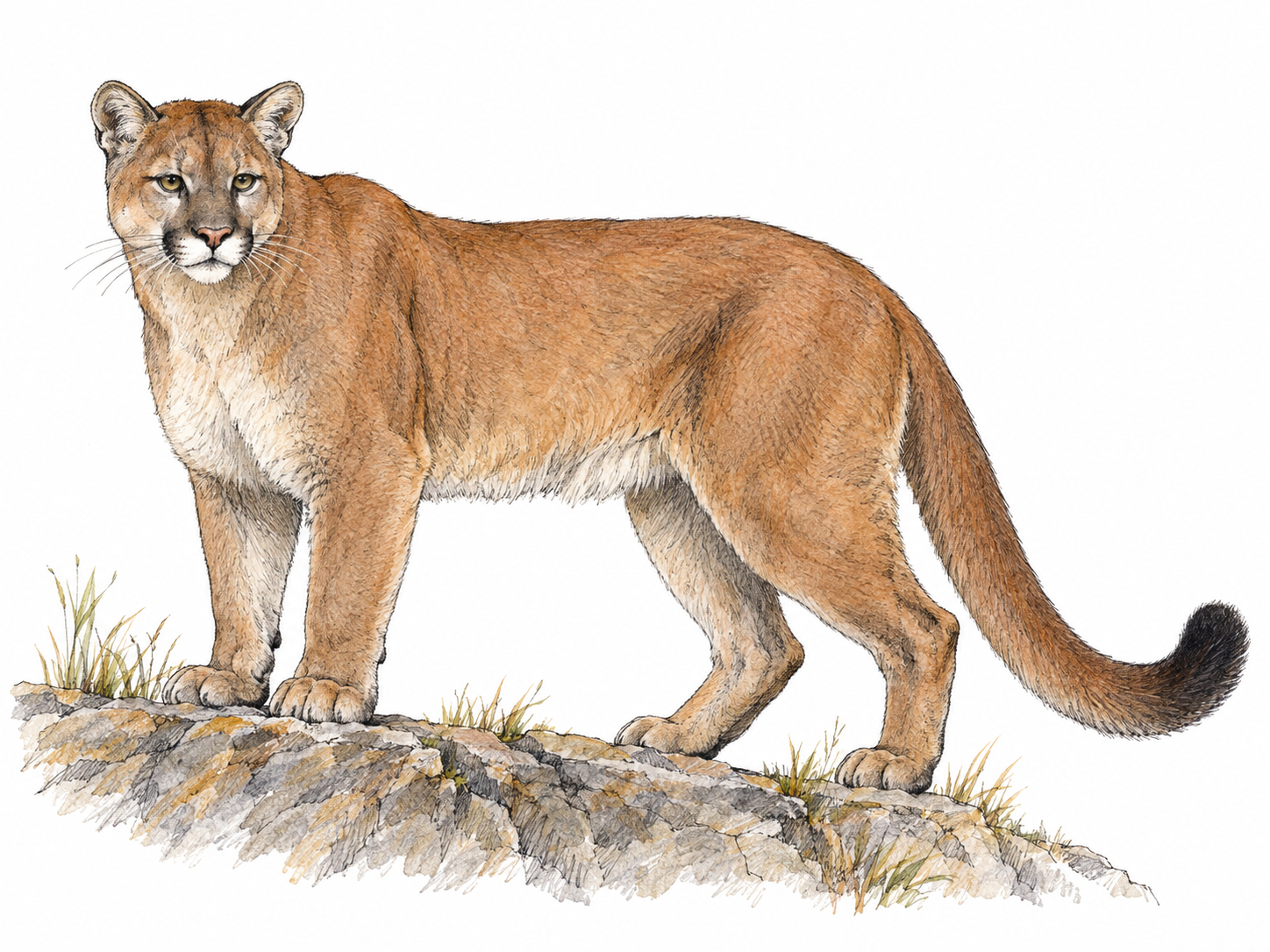 A single adult puma stands in side profile on a low rocky ledge, its tawny coat, rounded ears, powerful build and long curved tail clearly visible.