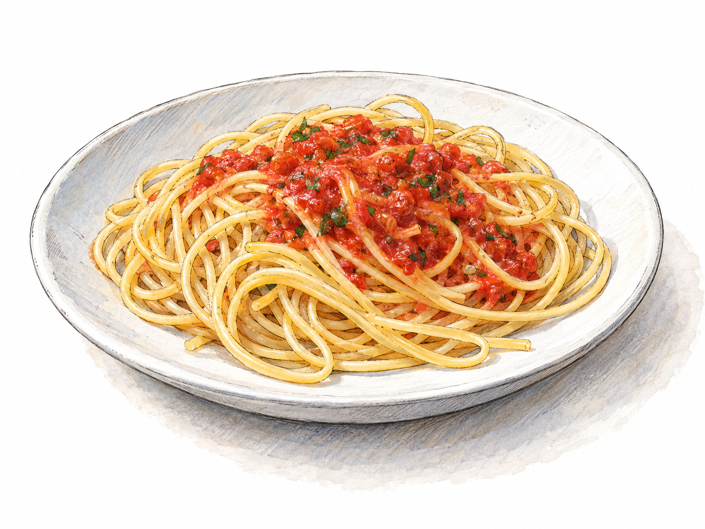 A white plate of spaghetti with a modest spoonful of tomato sauce, with several long, thin strands loosely extending across the plate so their shape is unmistakable.