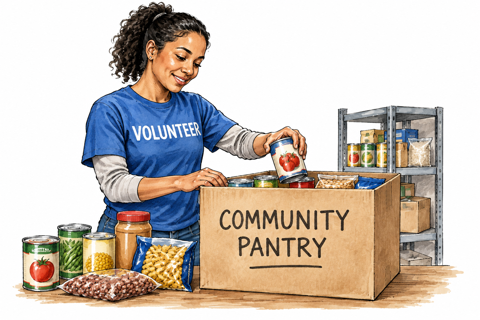 A volunteer places donated canned food into a community pantry collection box.