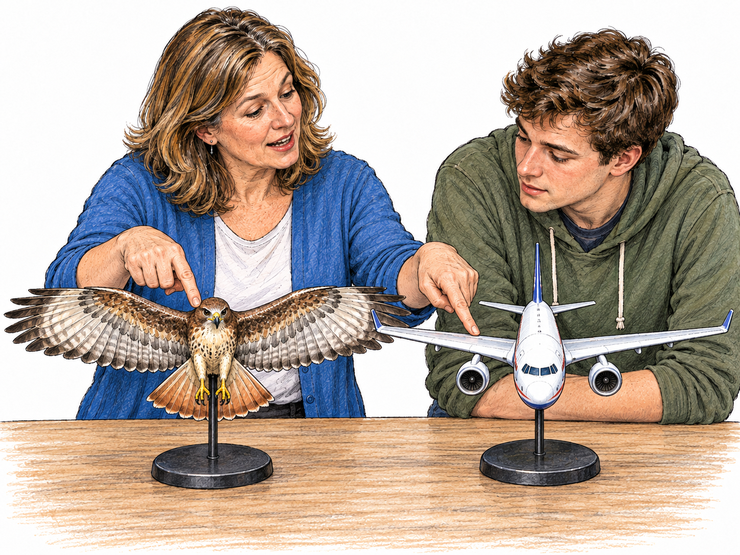 A teacher explicitly compares the wing structures of two different things: a bird model and an airplane model, displayed side by side in matching orientations.