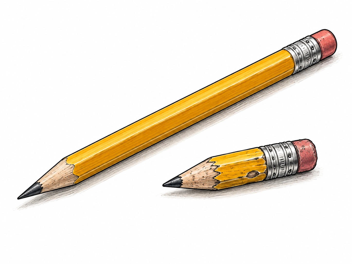 A used-up pencil stub sits beside a much longer new pencil, making the short remainder clear.
