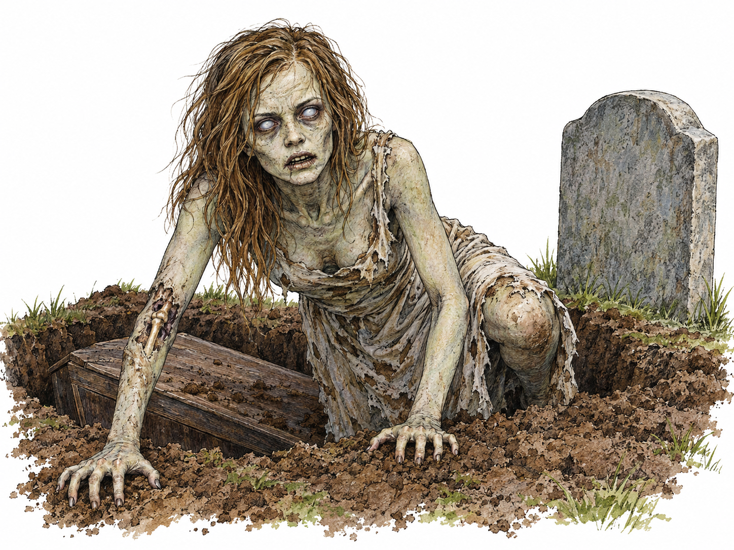 A visibly undead young woman climbs from an open grave, combining unmistakable corpse-like features with active movement rather than depicting a ghost or a living mourner.
