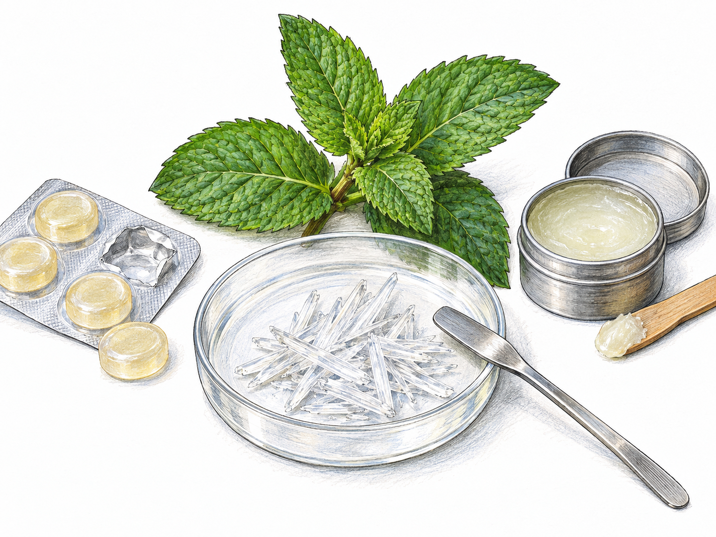 Menthol as an isolated mint-derived compound used in both throat lozenges and topical cooling balm: a compact ingredient-and-uses arrangement rather than mint beside unexplained crystals.
