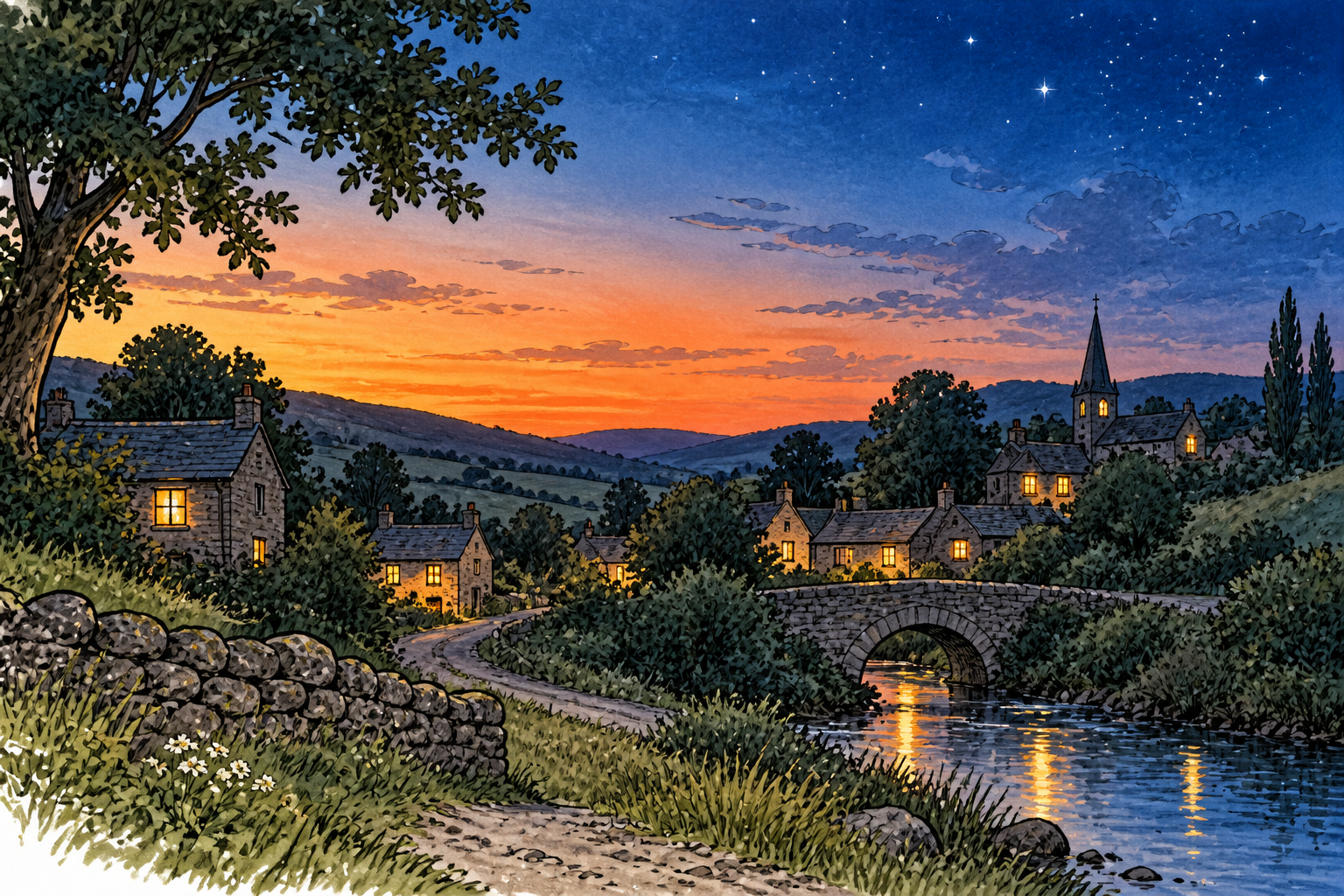 Quiet village at dusk with last orange horizon fading into deep blue and first stars, lit windows, no words.