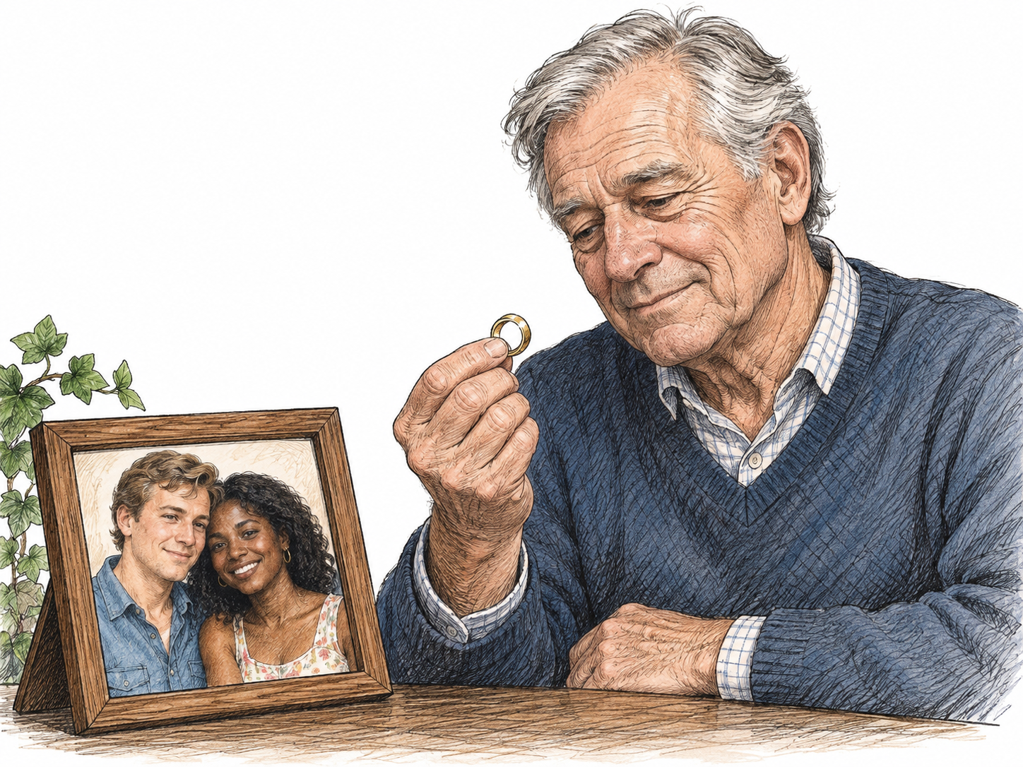 An older adult holds a cherished ring beside a small portrait of the same couple when younger, conveying undying affection across time; no implication of a specific death or universal relationship claim.