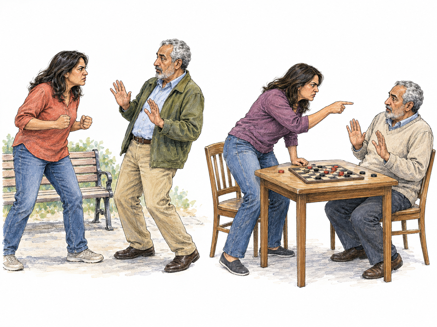 Two compact, text-free vignettes show the same woman repeatedly initiating confrontation with the same nonthreatening man: squaring up with clenched fists outdoors, then aggressively leaning across a tabletop during a board game.