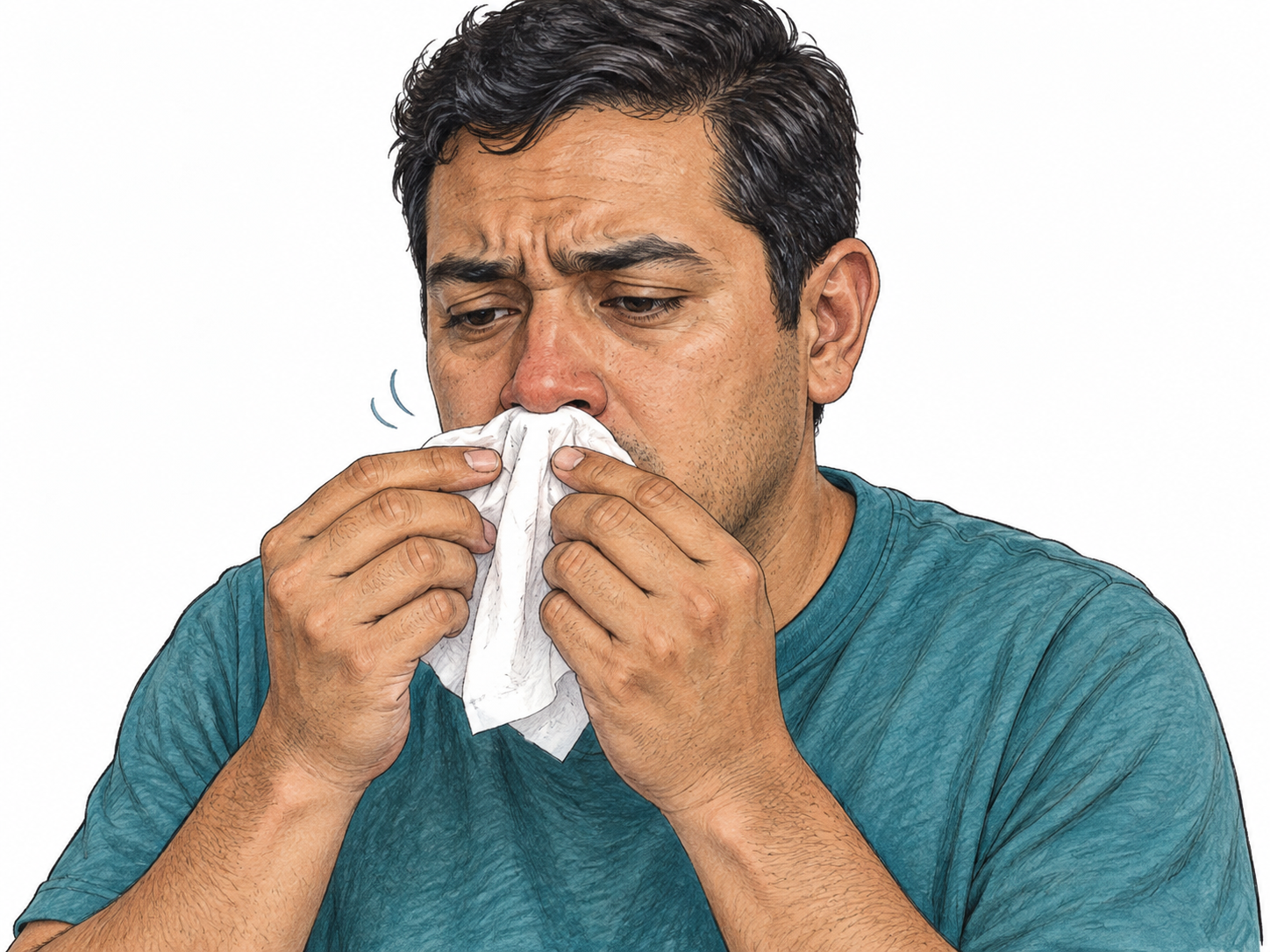 An adult with a mild runny nose holds a tissue beneath the nostrils and makes a small inward sniff; respectful close view, no exaggerated mucus.