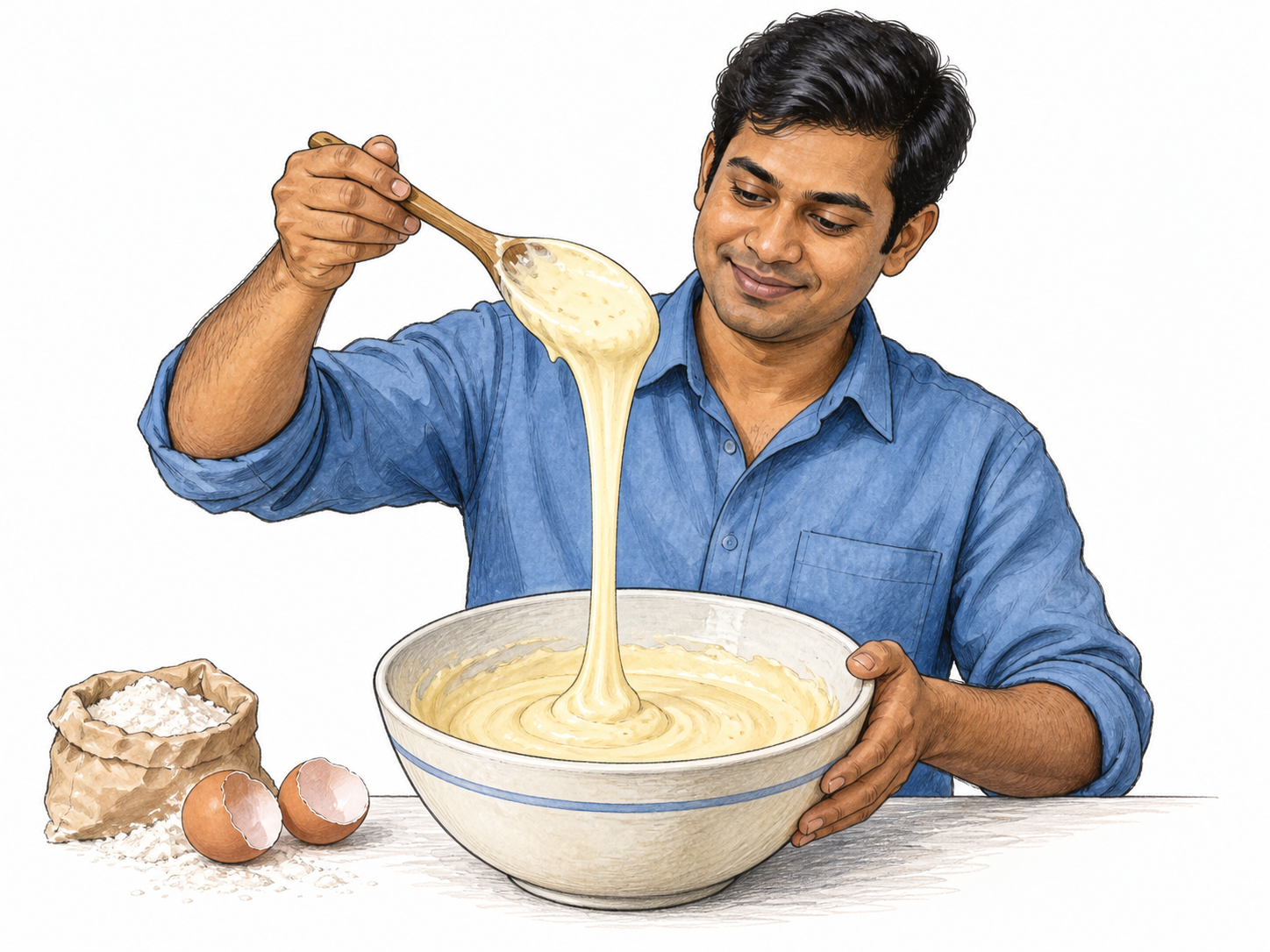 Cook lifts wooden spoon from bowl of thick pale pancake batter, slow thick ribbon of mixture falls back into bowl, egg shells and flour small beside bowl.