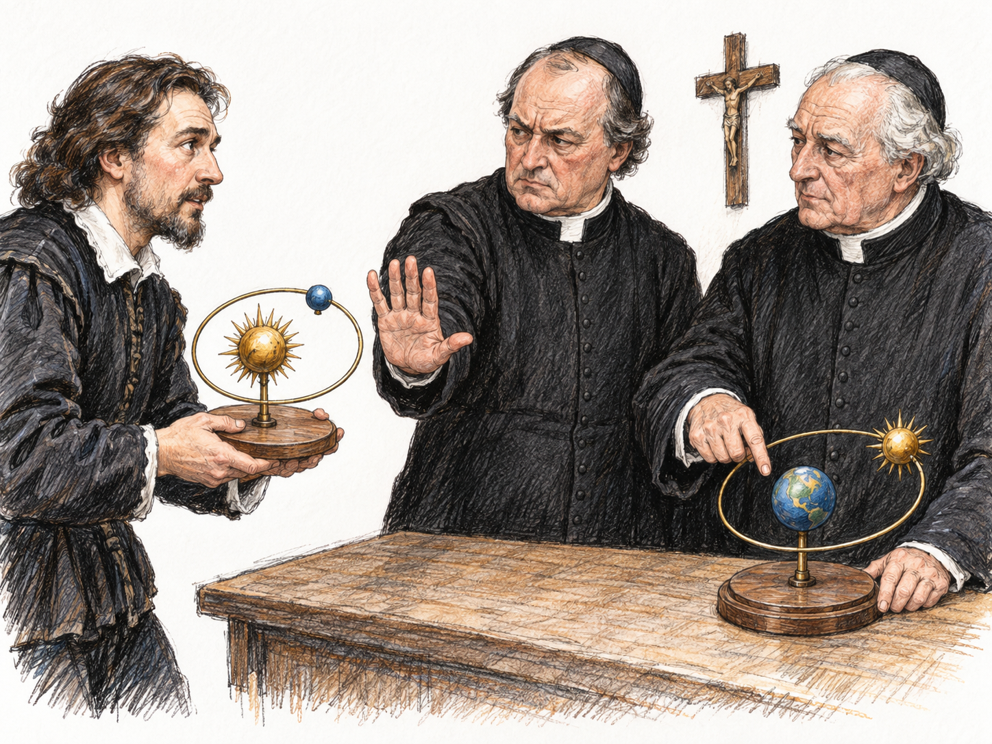 A scholar introduces a Sun-centered model into an ecclesiastical lesson built around an Earth-centered model; the clerics defend their established model and physically exclude the contrary one.