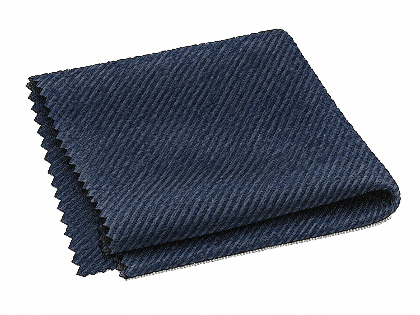 A close swatch of sturdy wool serge shows distinct diagonal twill ribs, with a neatly cut folded edge and restrained tactile ink hatching.