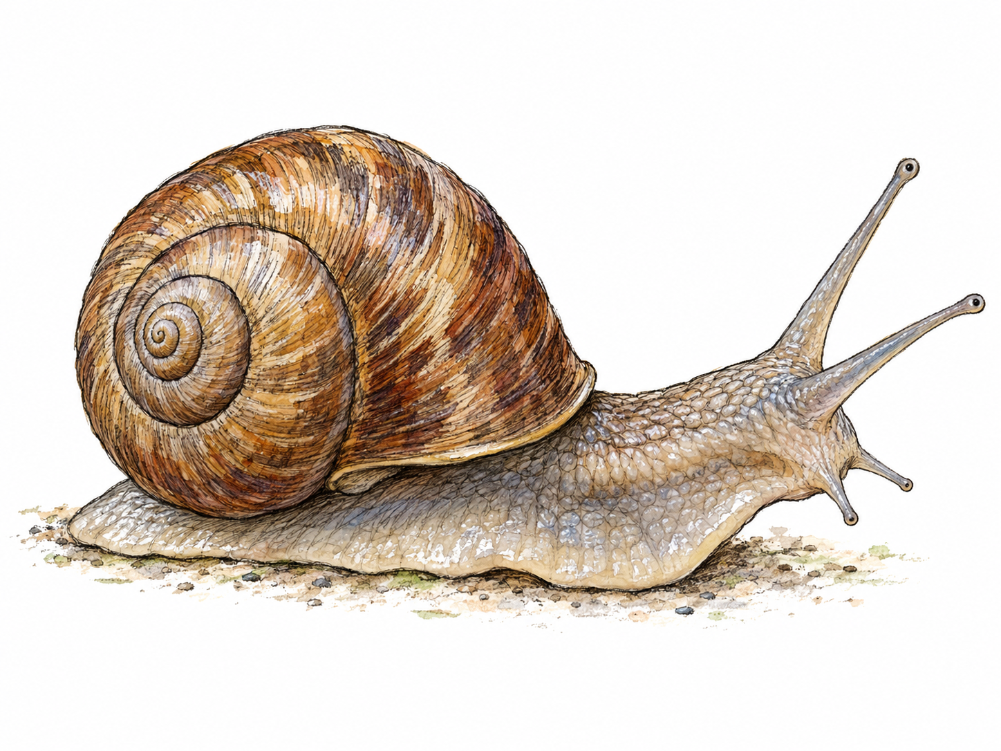 A living garden snail in side view, its soft body extended beneath a spiral shell, showing a familiar shelled mollusk.