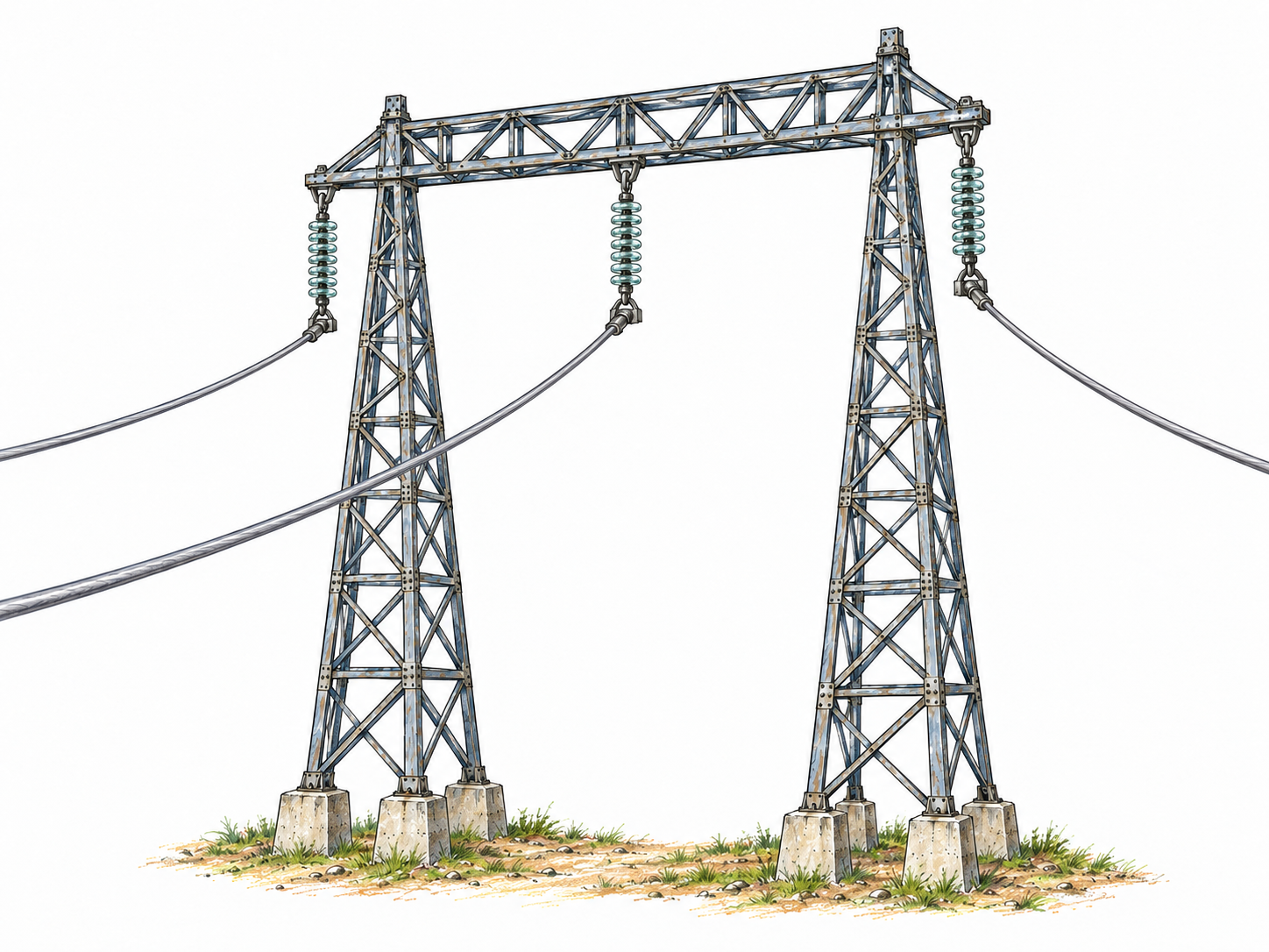 A single tall steel-lattice electricity pylon seen nearly front-on, with one broad crossarm supporting three clearly separated suspended conductors; all cables continue out of frame rather than connecting to a distant tower.