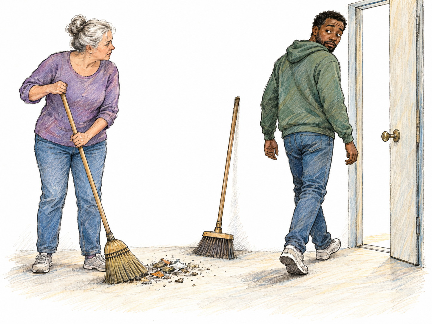 During shared cleanup, a young man quietly slips away from his abandoned broom and remaining pile of debris while an older woman continues sweeping and looks toward him.