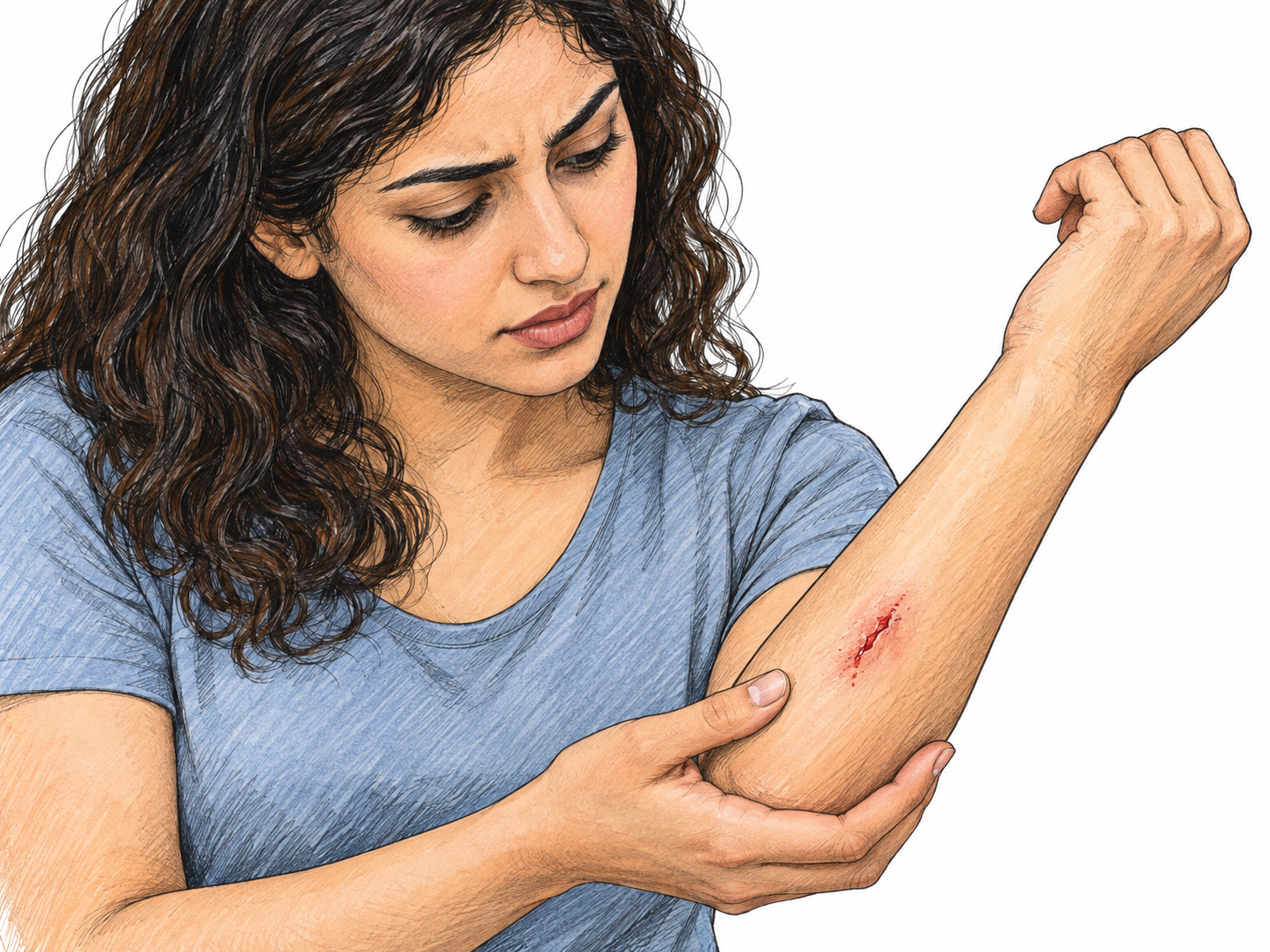 A close view of a woman's forearm with a small, clearly visible fresh cut: separated skin edges and a trace of blood make the damaged tissue unmistakable without graphic detail.