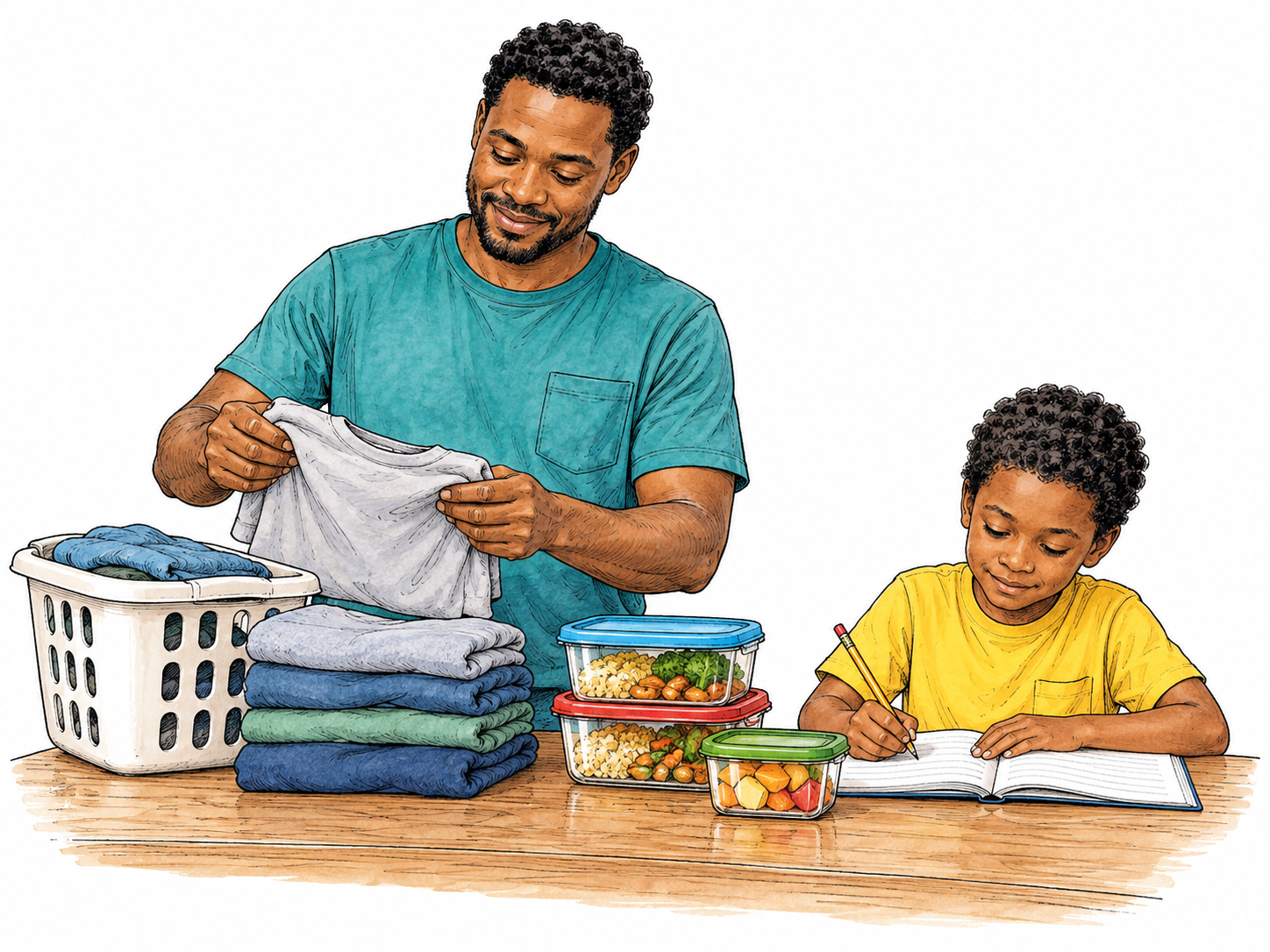 Man folds laundry and organizes simple meal containers at small household table while child does homework nearby; competent main domestic role, no room clutter or writing.