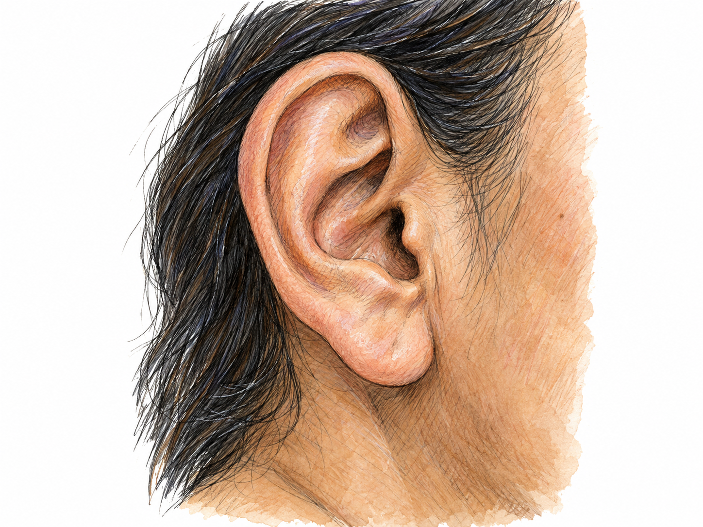 A close-up of a human outer ear, angled so the dark entrance to the ear canal is clearly visible as a natural bodily opening.
