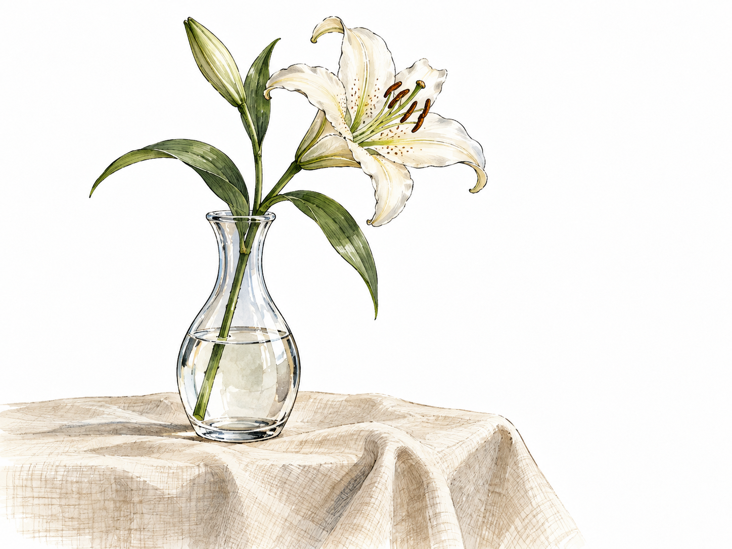A graceful simple glass vase holding one white lily on refined linen.