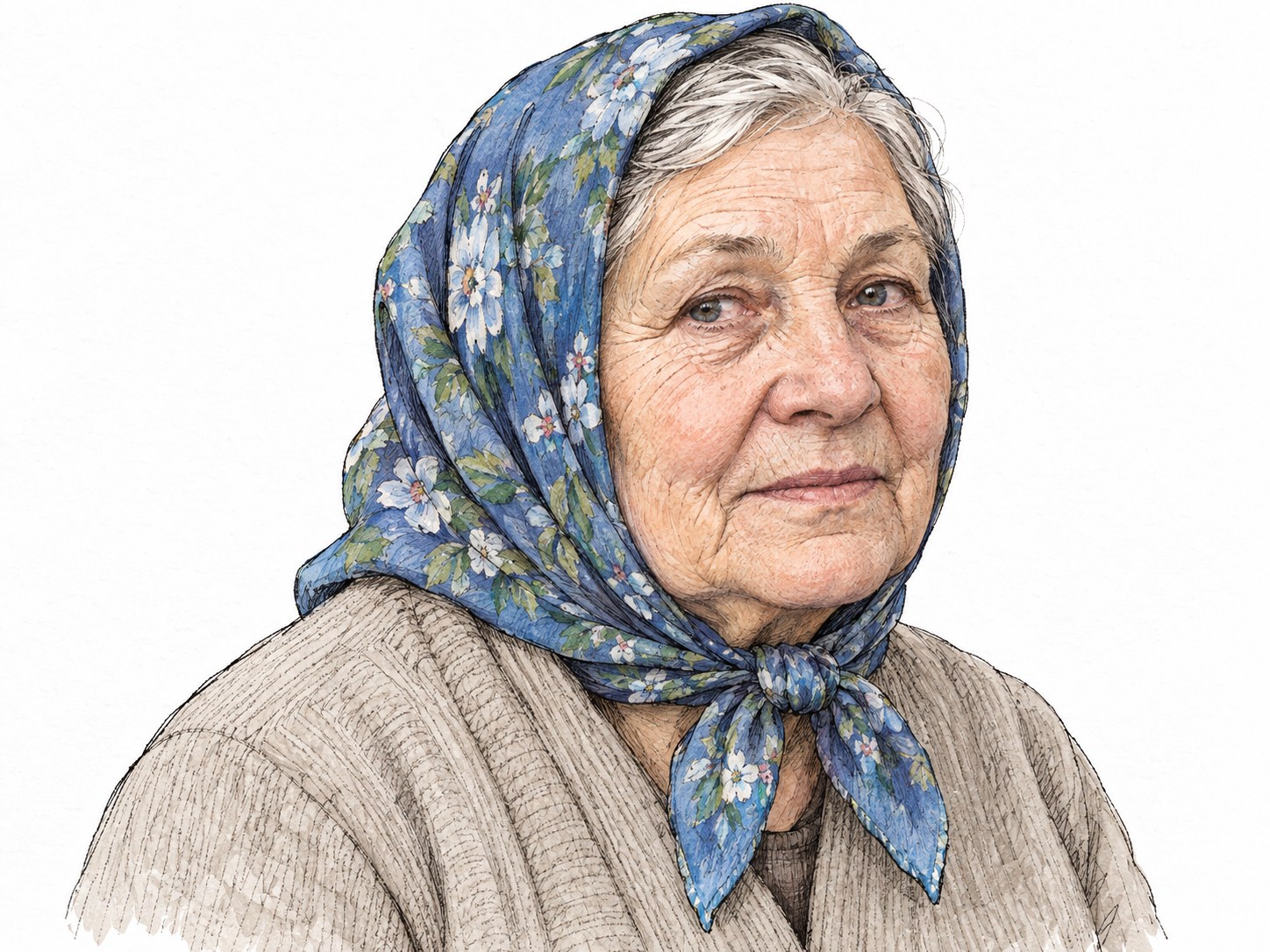 A close three-quarter bust portrait of an older Eastern European woman wearing a floral headscarf, with its triangular fold and knot directly under her chin clearly visible.