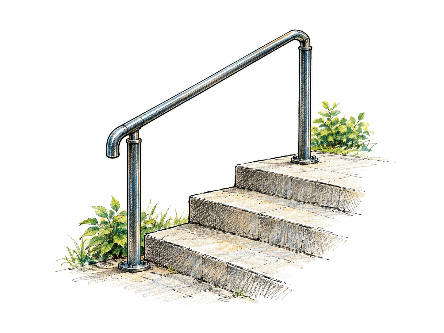 Short length of sturdy metal handrail fixed to two posts beside three simple steps, support/barrier role clear, no whole building.
