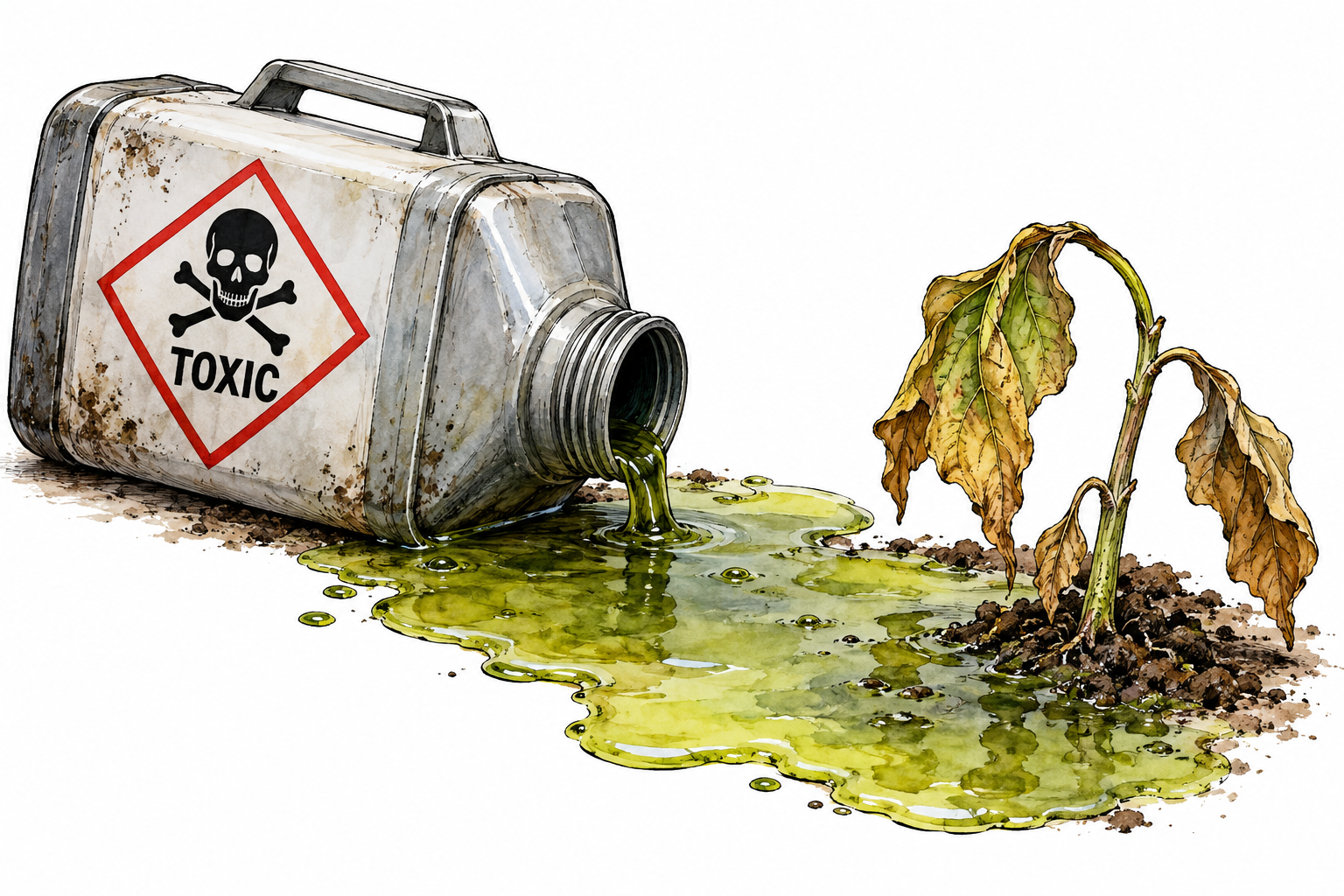 Spilled hazardous liquid from labeled TOXIC container kills nearby small plant, poison pictogram and wilting leaf.