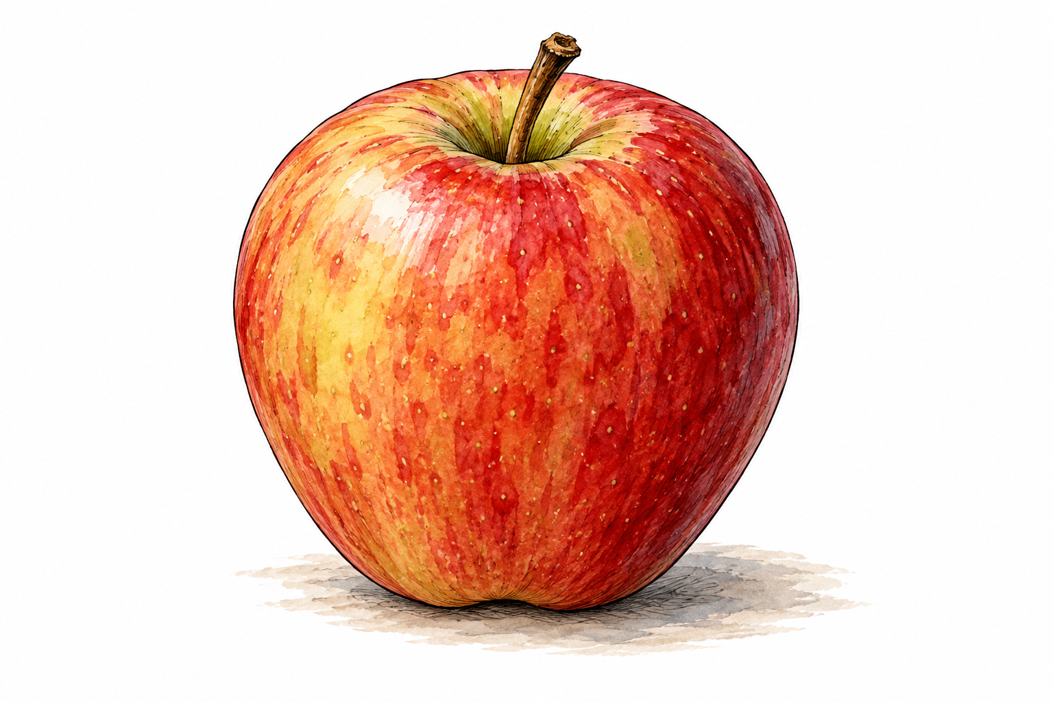 A whole uncut apple shown clearly from stem to base, entire object.