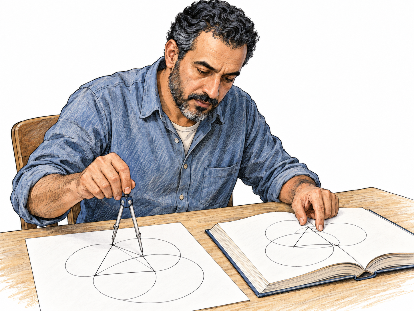 A man deeply engaged in a geometric proof, comparing a diagram in an open study book with a carefully constructed diagram on paper.