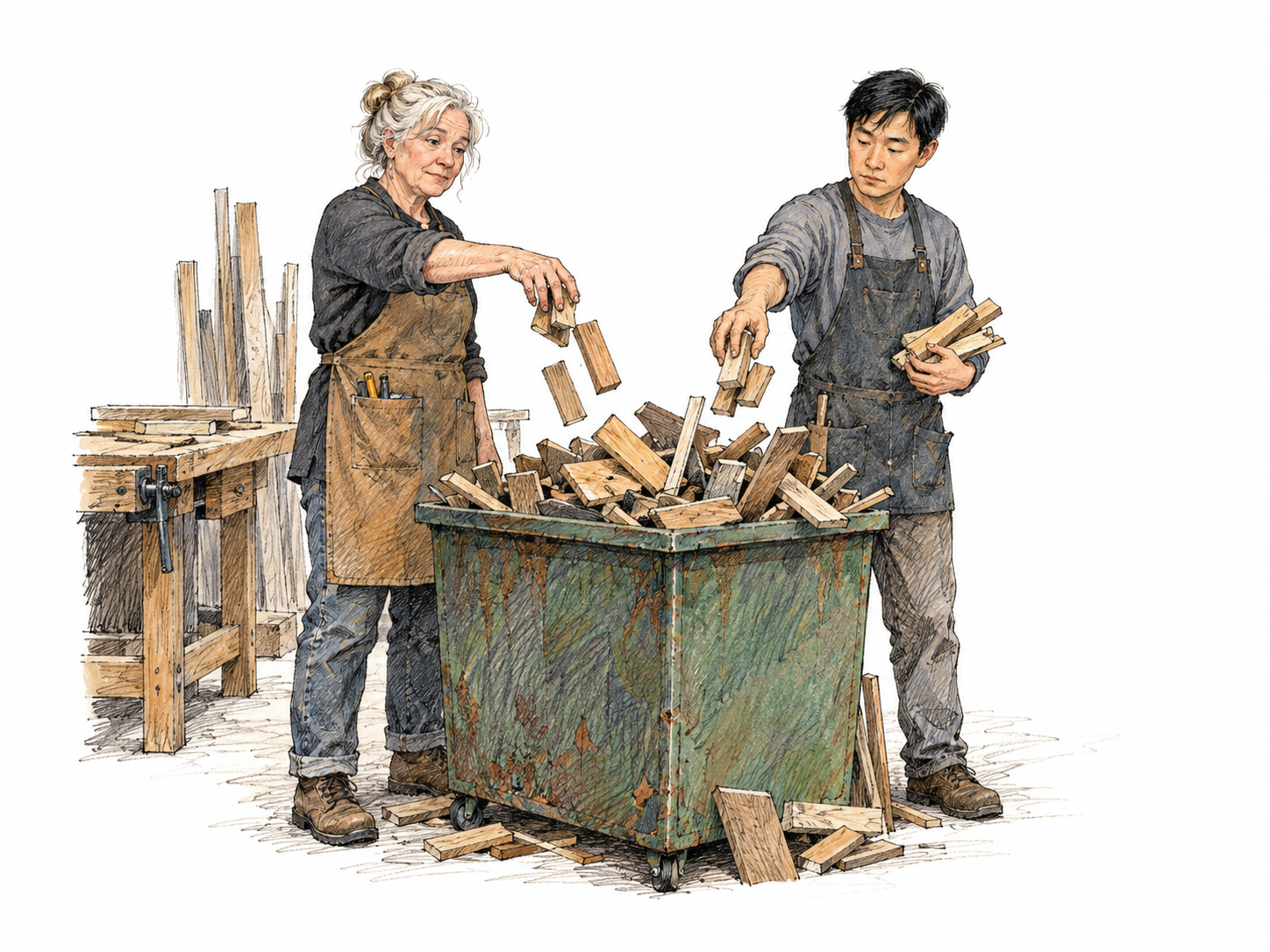 An old workshop owner teaches an apprentice the same wasteful habit of discarding reusable wooden offcuts into an overflowing scrap bin, both repeat the action, showing a bad practice being carried on.
