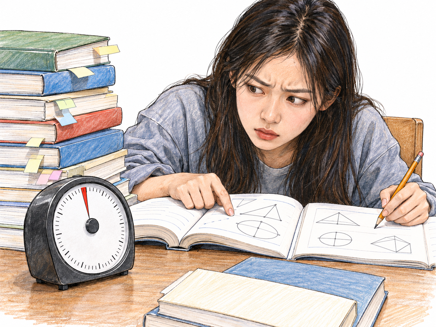 A student studies urgently beside a nearly depleted visual countdown timer, working through a large stack of course material with very little time remaining.